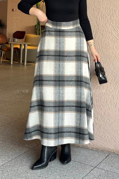 Lamelif Kaşe Ekose Detay Etek Taş Rengi