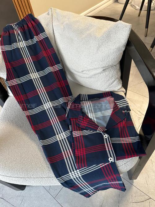 Lamelif Bambu Likralı Ekose Desenli Pijama Takım