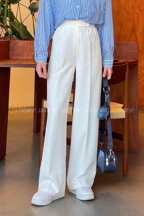Lamelif Beli Cırt Cırtlı Palazzo Model Pantolon Beyaz