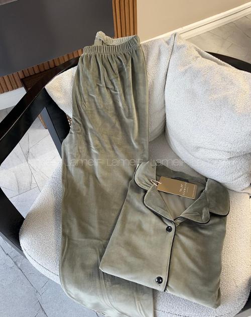 Lamelif Çağla Yeşili  Lüx Kadife Kumaş Pijama Takım Seti