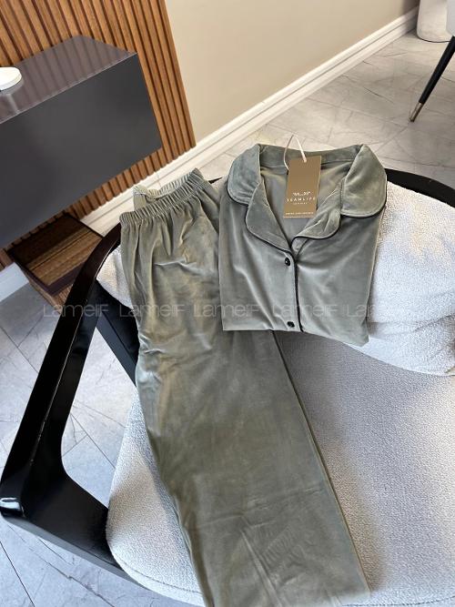 Lamelif Çağla Yeşili  Lüx Kadife Kumaş Pijama Takım Seti
