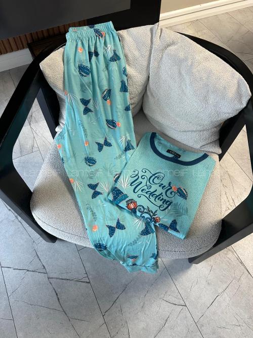 Lamelif Viskon Likralı Pijama Takım Buz Mavisi
