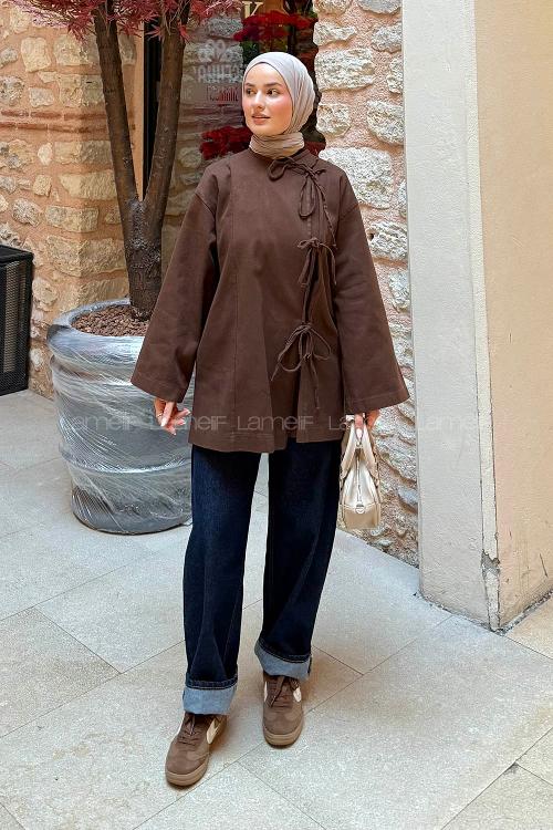 Lamelif Bağlama Detaylı Kimono Kahve