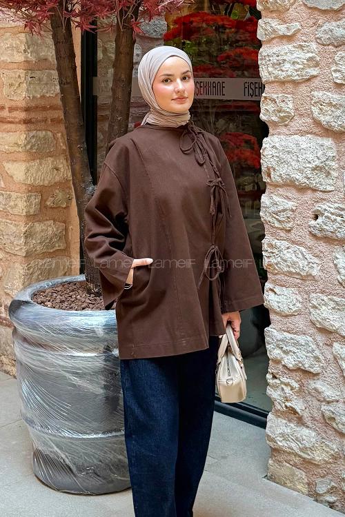 Lamelif Bağlama Detaylı Kimono Kahve