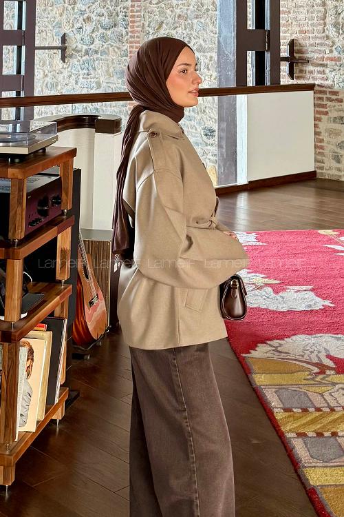 Lamelif Bağlama Detaylı Omuz Apoletli Trençkot Haki