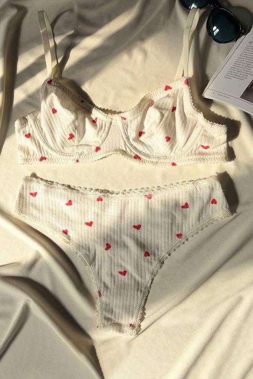 Lamelif Kaşkorsen Kalp Desenli Pamuk Sütyen Takım