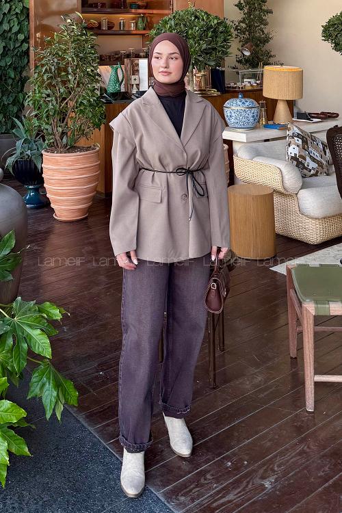 Lamelif Kol Detaylı Oversize Ceket Toprak