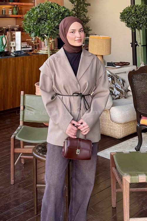 Lamelif Kol Detaylı Oversize Ceket Toprak