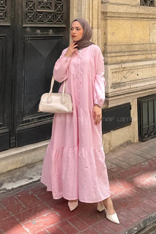 Lamelif Ön Yarım Düğme Detaylı Müslin Kumaş Tesettür Elbise Pembe