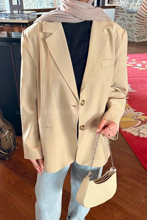 Lamelif Oversize Gizli Cep Ceket Vizonrengi