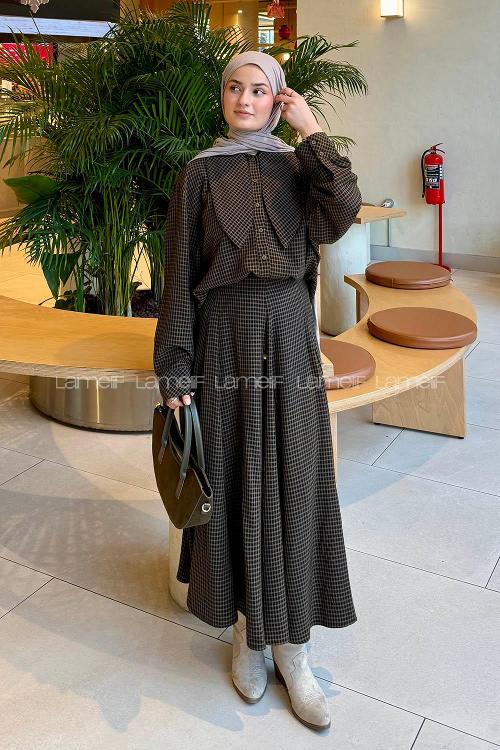 Lamelif Ekoseli Takım Siyah-Haki