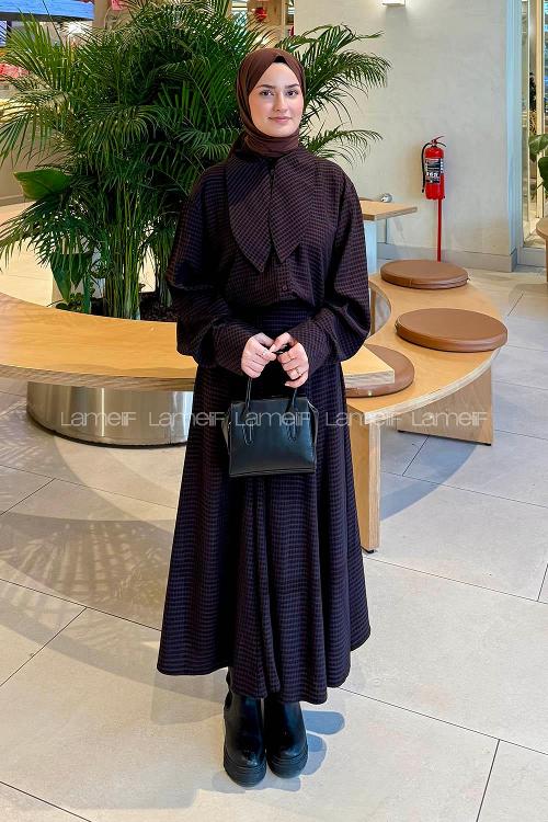 Lamelif Ekoseli Takım Siyah-Kahverengi