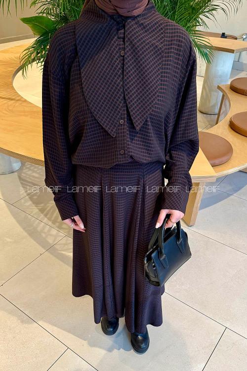 Lamelif Ekoseli Takım Siyah-Kahverengi