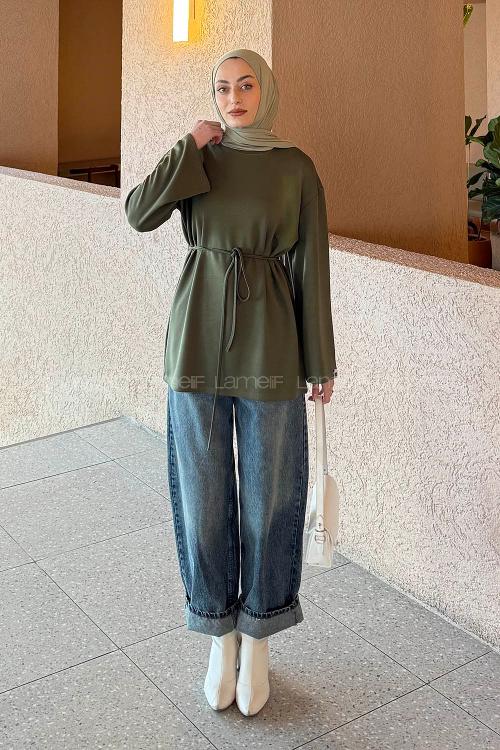 Lamelif Bağlama Detaylı Oysho Sweat Haki