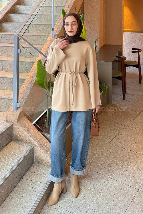 Lamelif Bağlama Detaylı Oysho Sweat Sütlü Kahve