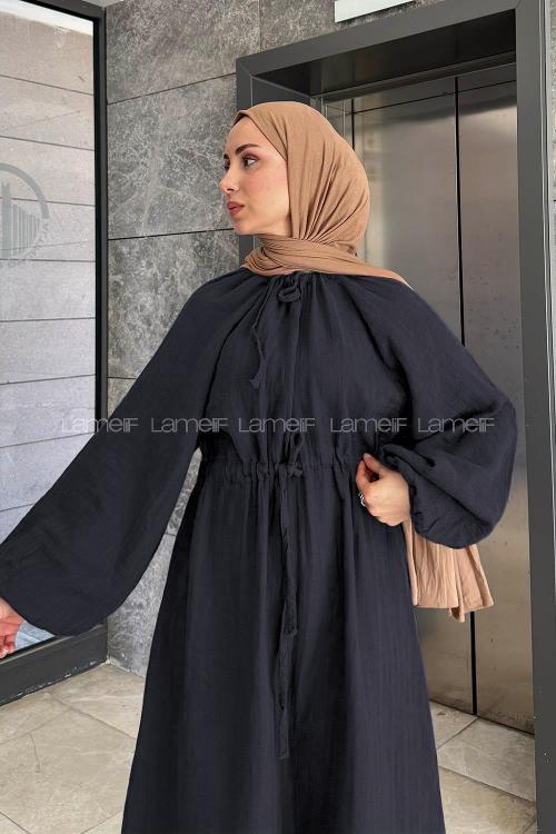 Lamelif Balon Kol Bağlamalı Tesettür Elbise Siyah