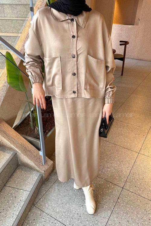 Lamelif Cep Detaylı İkili Etek Tesettür Takım Kum Beji