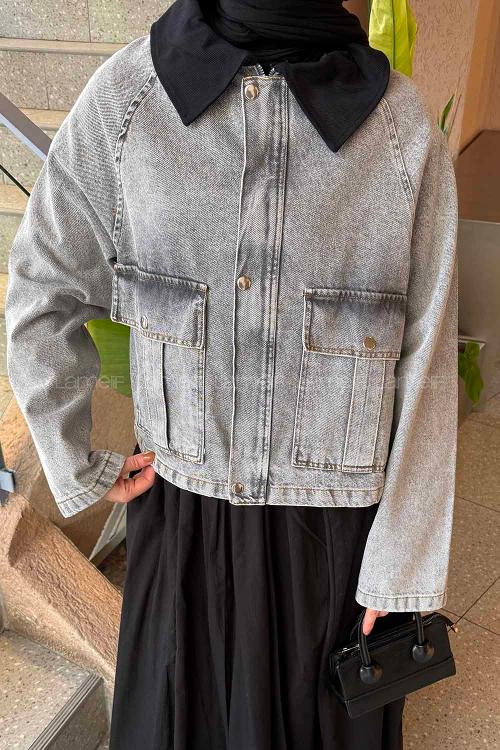 Lamelif Çıtçıtlı Siyah Gömlek Yaka Detaylı Denim Ceket Gri