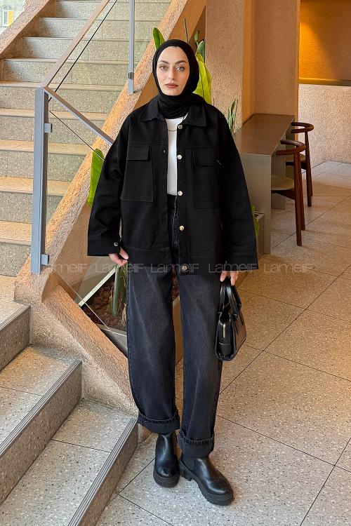 Black Shirt Collar Long Arm Gabardin Shirt