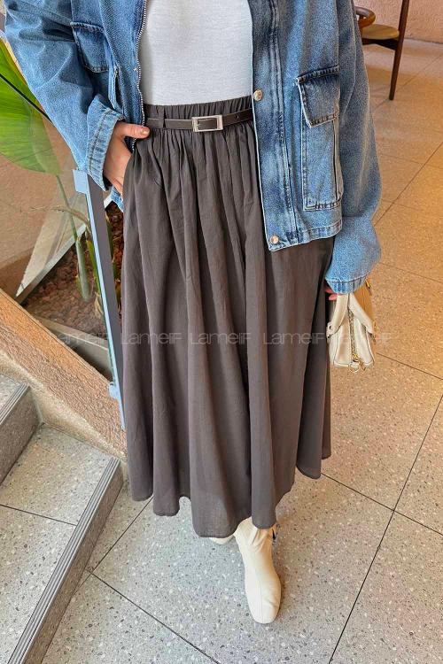 Lamelif Kemerli Cepli Tesettür Etek Koyu Kahverengi