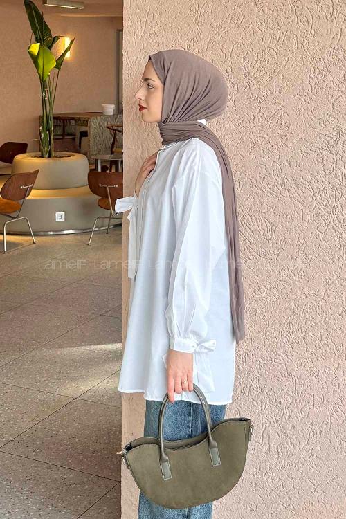 Lamelif Kol Detaylı Gömlek Beyaz