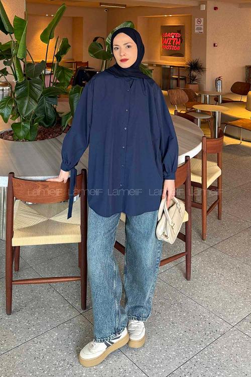 Lamelif Kol Detaylı Gömlek Lacivert