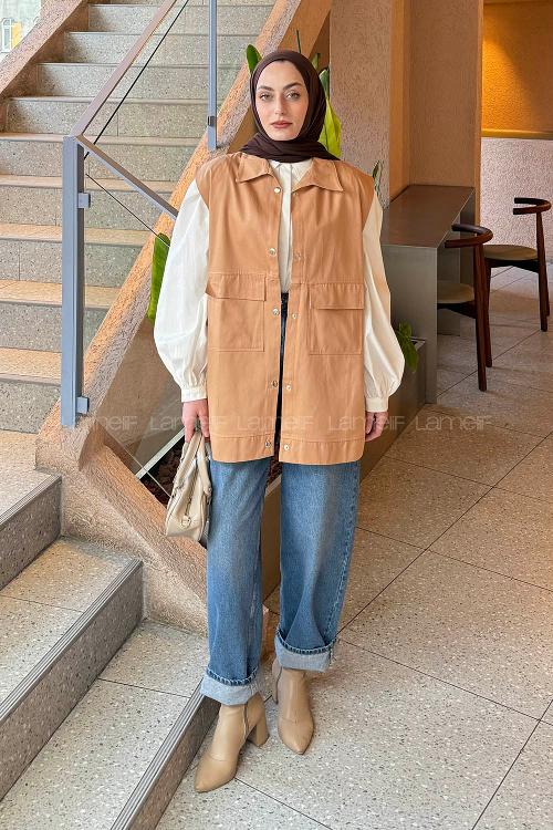 Lamelif Önü Çıtçıt Düğmeli Yelek Camel