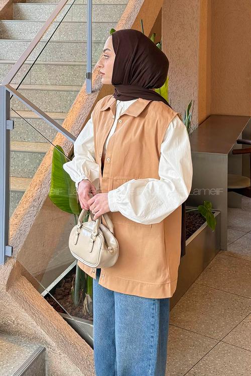 Lamelif Önü Çıtçıt Düğmeli Yelek Camel