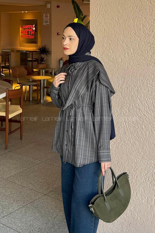 Lamelif Pelerin Yaka Ekose Desen Gömlek Koyu Kahverengi