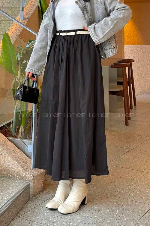 Lamelif Vual Kemerli Tesettür Etek Siyah