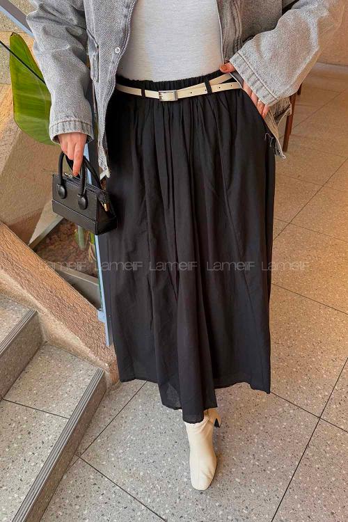 Lamelif Vual Kemerli Tesettür Etek Siyah