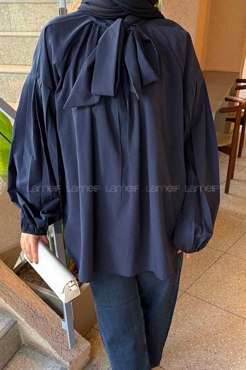 Lamelif Yaka Fular Detaylı Gömlek Koyu Lacivert