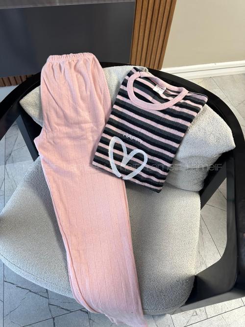 Lamelif Çizgili Raporlu İnterlok Happy Kalp Nakış Baskılı Penye Pijama Seti