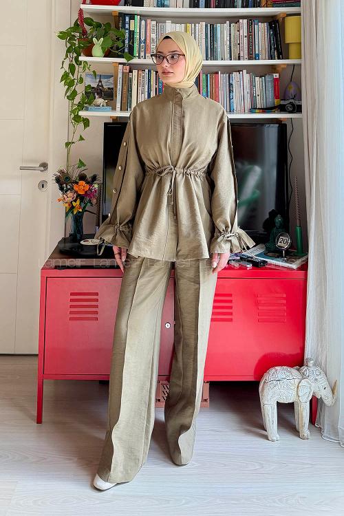 Lamelif Bağlama Detaylı Etekli Takım Haki