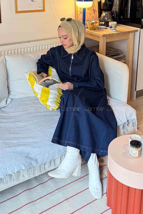 Lamelif Bağlama Detaylı Kot Elbise Kot Mavisi