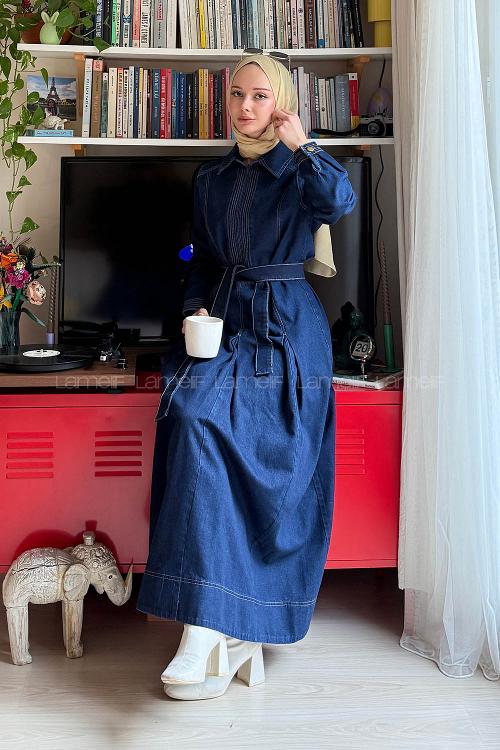 Lamelif Bağlama Detaylı Kot Elbise Koyu Mavi