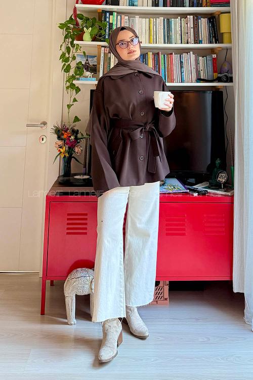 Lamelif Bağlama Detaylı Omuz Apoletli Trençkot Acı Kahve