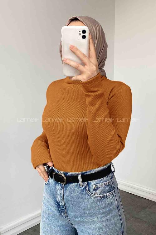 Lamelif Balıkçı Yaka Fitilli Body Camel