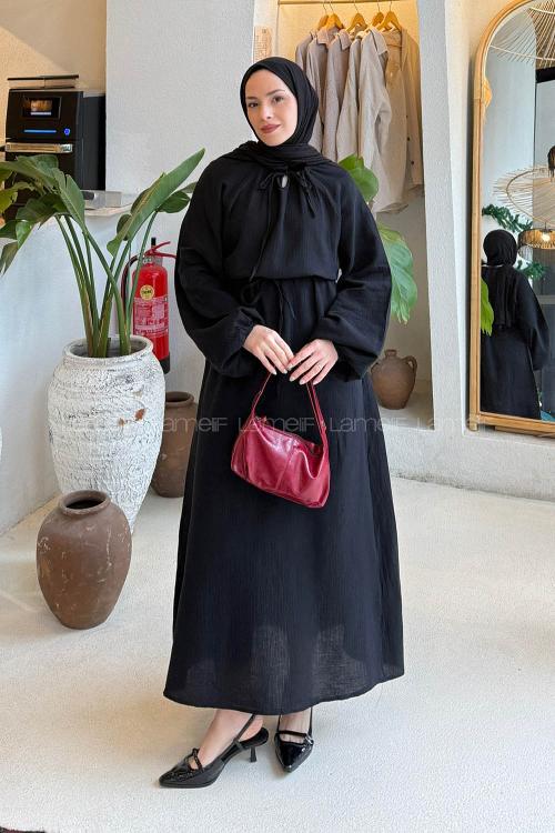 Lamelif Balon Kol Bağlamalı Tesettür Elbise Siyah