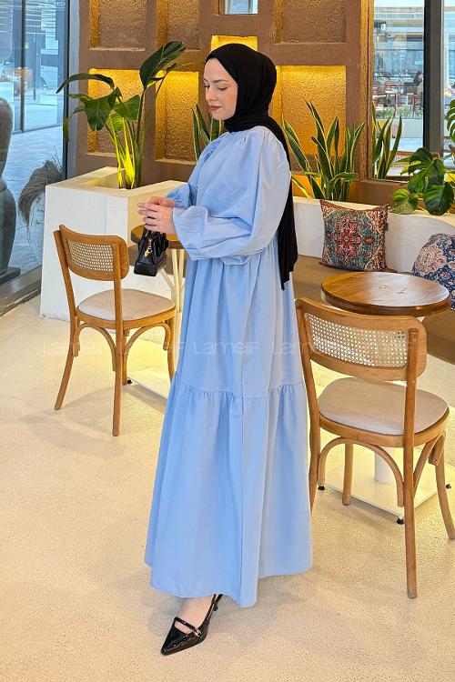 Lamelif Balon Kol Katlı Tesettür Elbise Bebe Mavisi