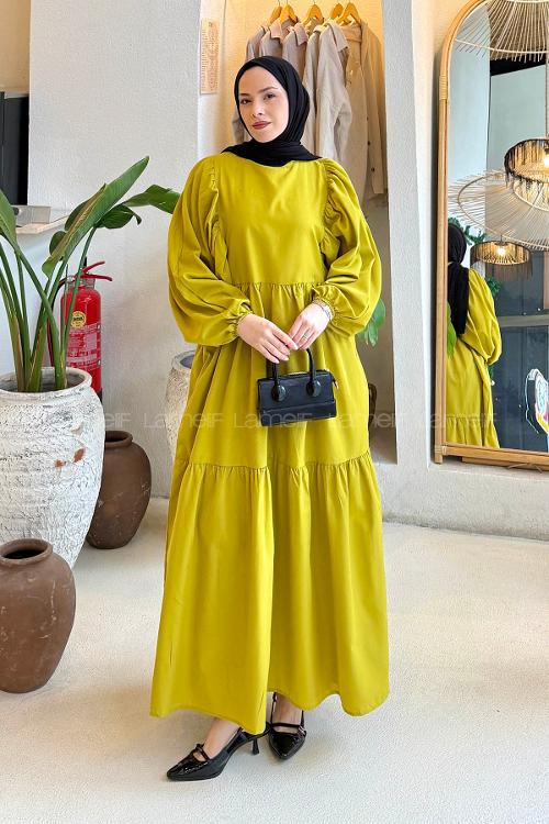 Lamelif Balon Kol Katlı Tesettür Elbise Yağ Yeşili