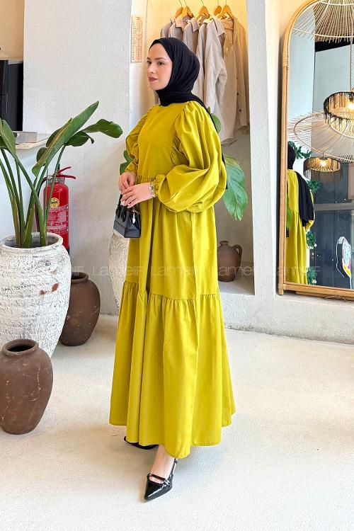 Lamelif Balon Kol Katlı Tesettür Elbise Yağ Yeşili