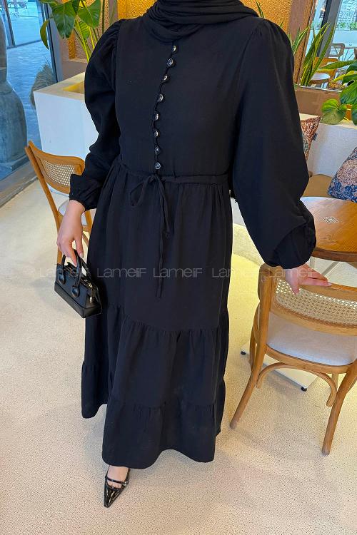 Lamelif Bel Büzgülü Tesettür Elbise Siyah
