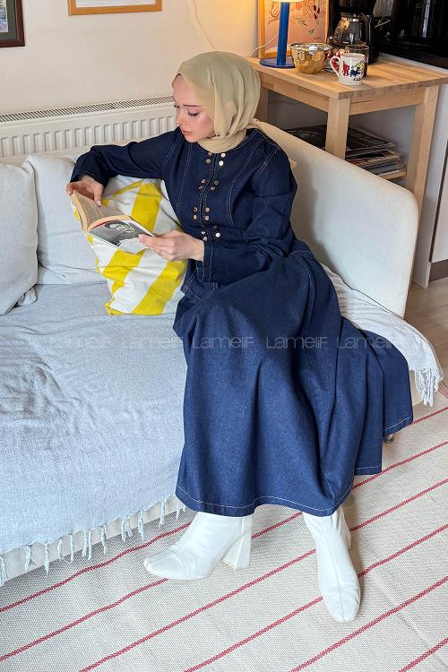 Lamelif Çıtçıt Detaylı Etekli Kot Takım Koyu Mavi