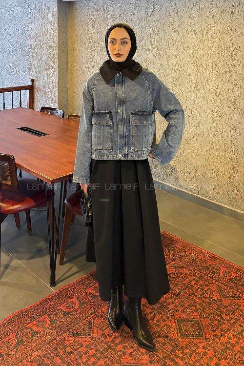 Lamelif Çıtçıtlı Siyah Gömlek Yaka Detaylı Denim Ceket Kot Mavisi