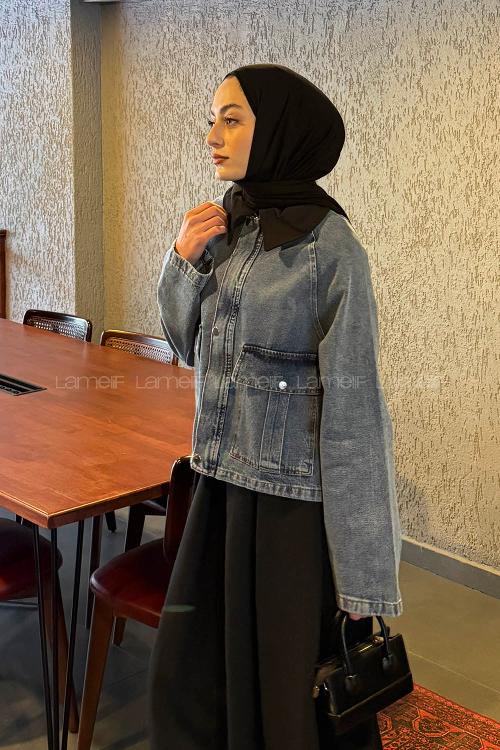 Lamelif Çıtçıtlı Siyah Gömlek Yaka Detaylı Denim Ceket Kot Mavisi