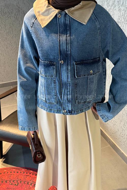 Lamelif Çıtçıtlı Vizonrengi Gömlek Yaka Detaylı Denim Ceket Kot Mavisi