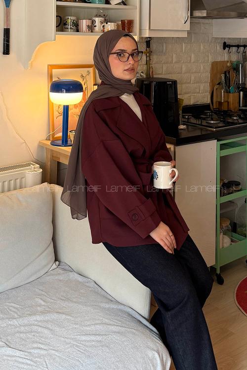 Lamelif Dökümlü Kemerli Trençkot Bordo