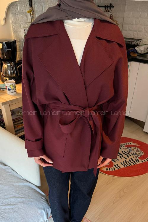 Lamelif Dökümlü Kemerli Trençkot Bordo