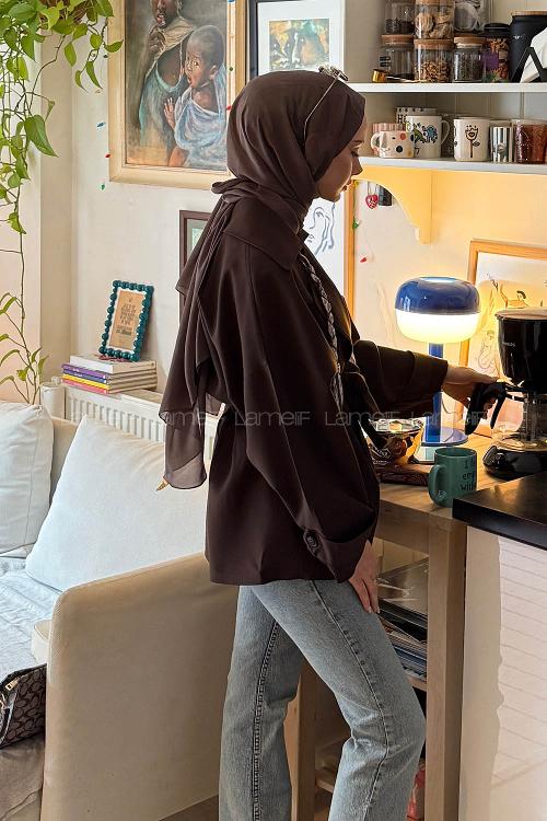 Lamelif Dökümlü Kemerli Trençkot Kahve